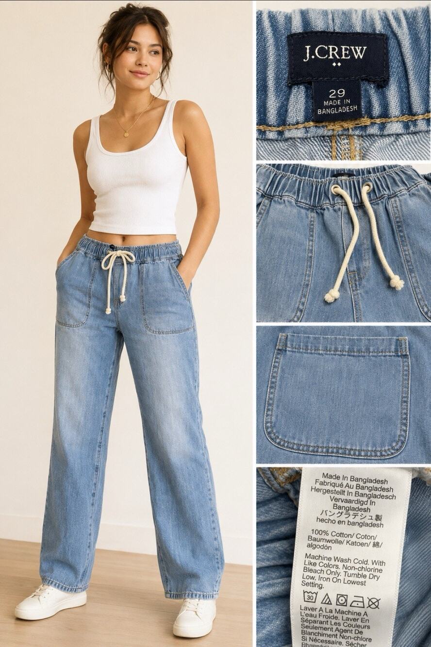 Boho Re-Imagined by J.Crew Women's Wide Leg Drawstring Jeans Size 29 Light Wash